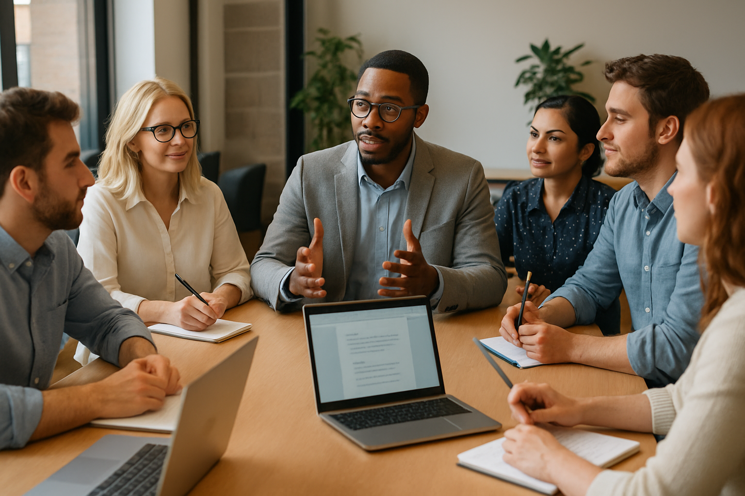 Photograph of a diverse group engaged in active listening during a business meeting.