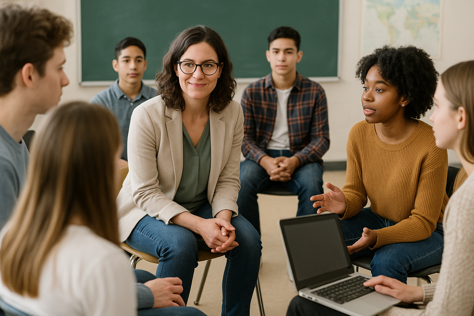 Photograph of a diverse classroom with a teacher actively listening to students in a supportive dialogue.