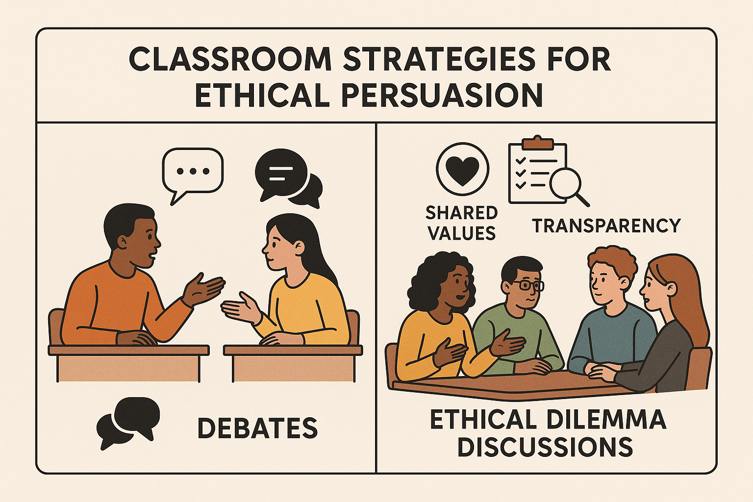 Illustration of a classroom with students engaged in ethical persuasion practices, featuring debates and discussions.