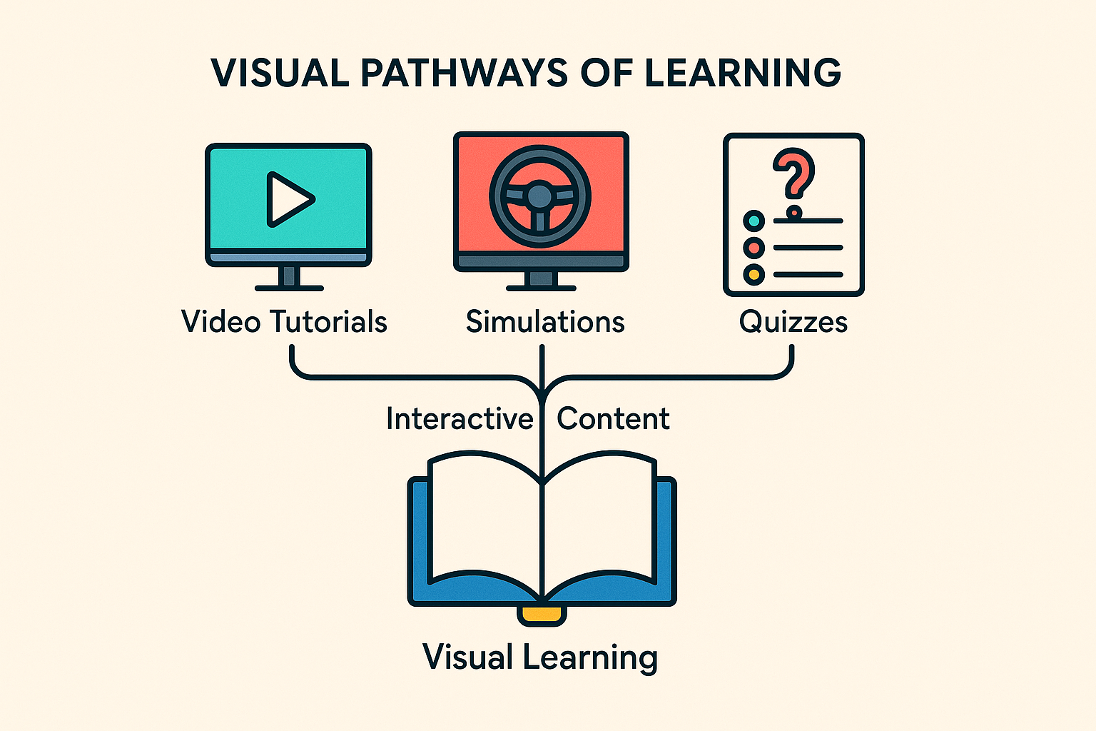 multimedia resources in business communication education - Visual learning pathways branching from a textbook, showing v