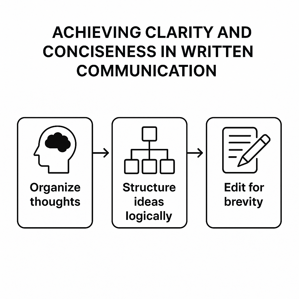 key learning objectives in business communication - Diagram showing steps like organizing thoughts and editing for brevi