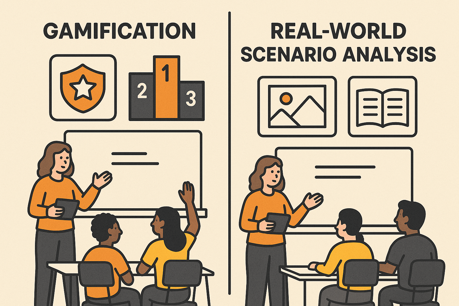Illustration of gamification and real-world scenario applications fostering student engagement in business communication classes.