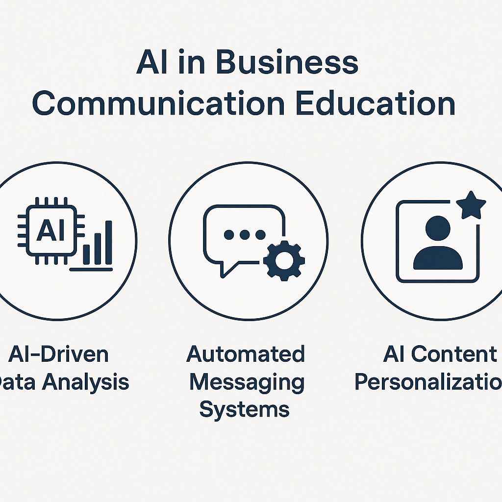AI in Business Communication - Diagram illustrating core AI features like data analysis, messaging automation, and conte