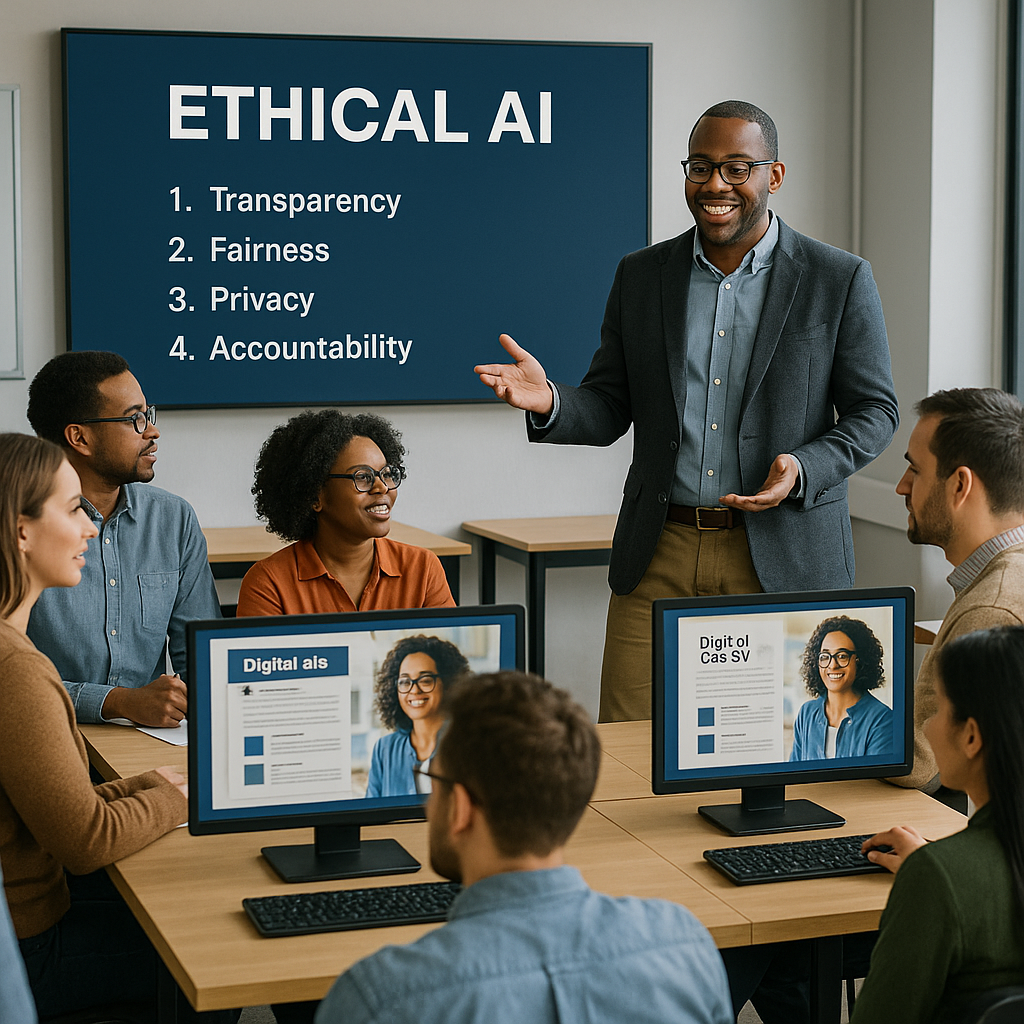 Photograph of a diverse classroom discussing the ethical use of AI in business communication, reflecting AI's impact on educational ethics.