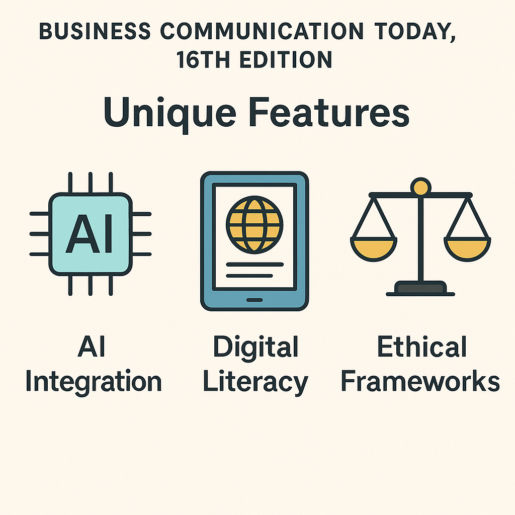 Business Communication Textbook Comparison - Illustration showing icons representing AI integration, digital literacy, a