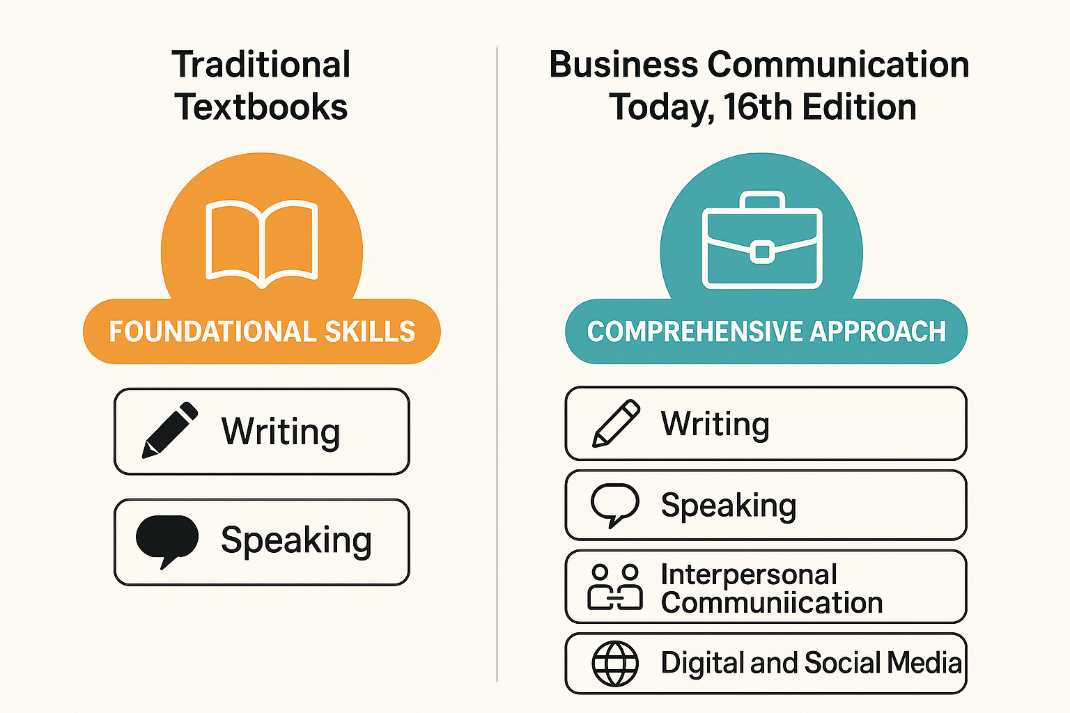 Business Communication Textbook Comparison - Diagram comparing the limited focus of traditional textbooks with the cohes