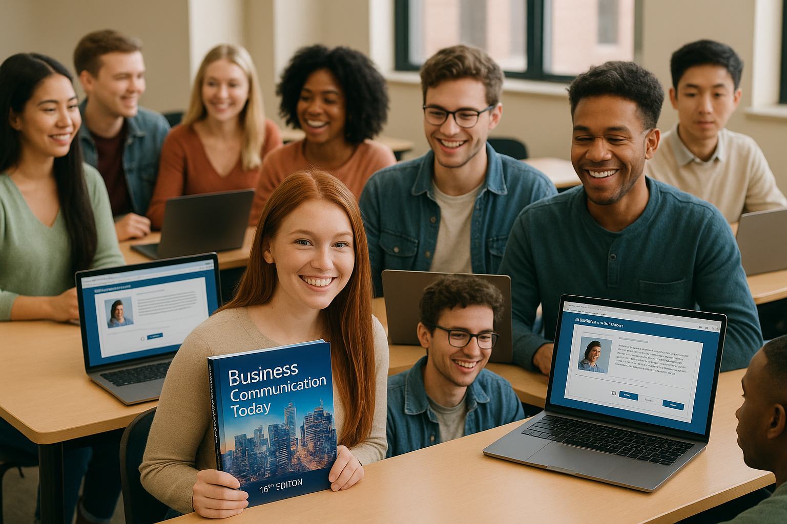 Business Communication Textbook Comparison - Photograph of a diverse group of students using Business Communication Toda