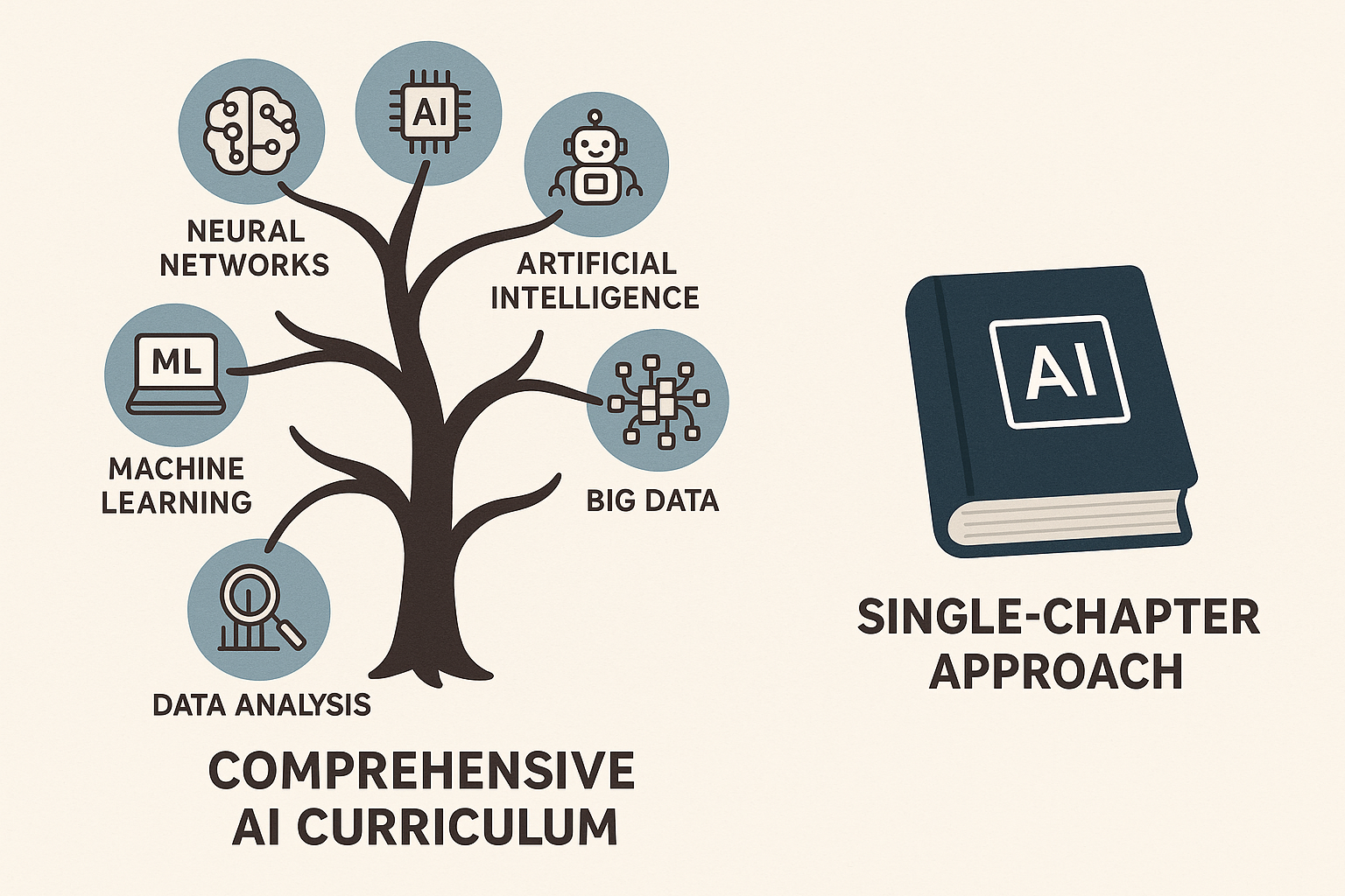 Comprehensive AI Content in Textbooks - Illustration showing a comprehensive AI curriculum as a large branching tree com