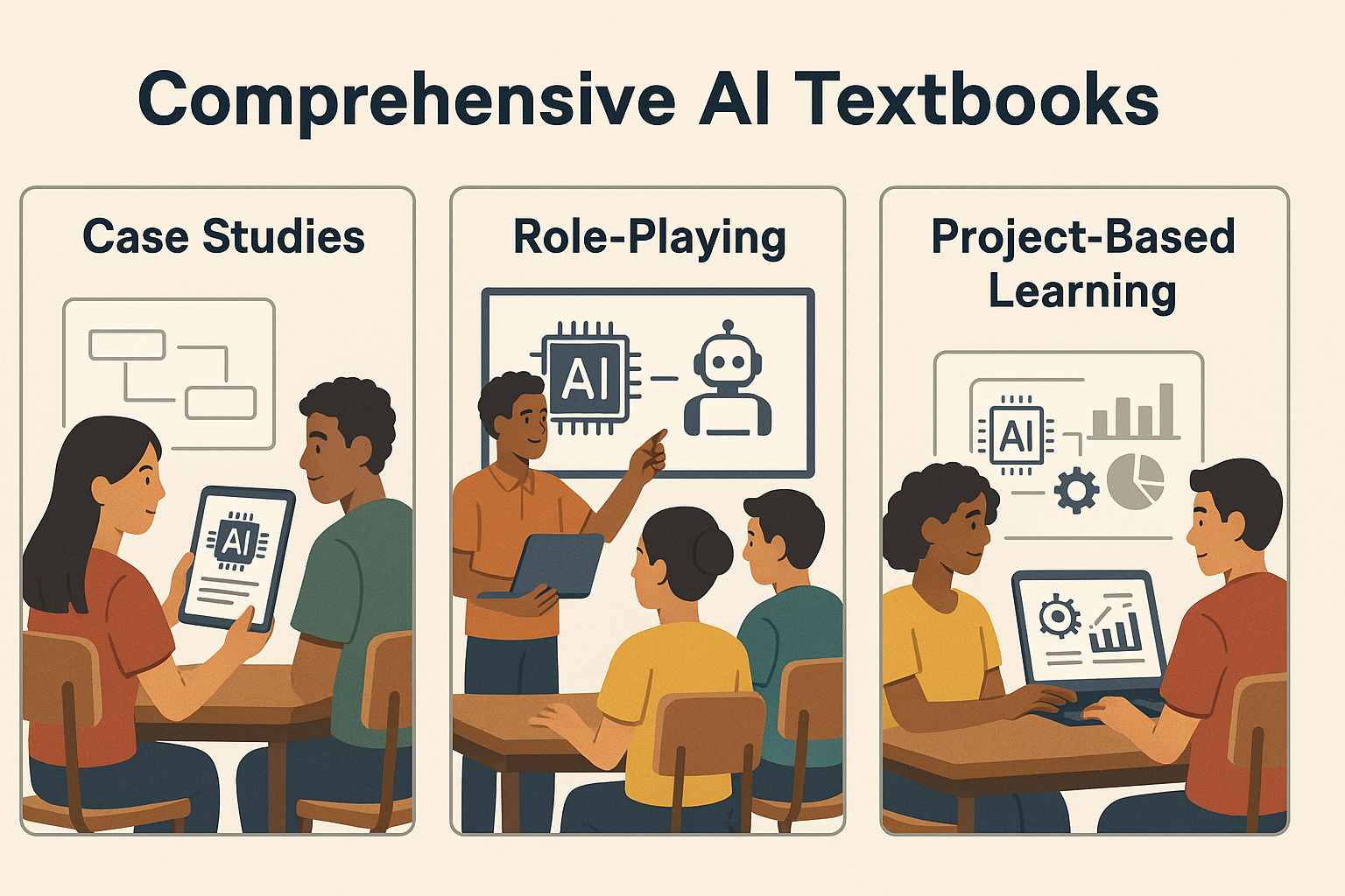 Comprehensive AI Content in Textbooks - Illustration of students using various AI learning activities like case studies,