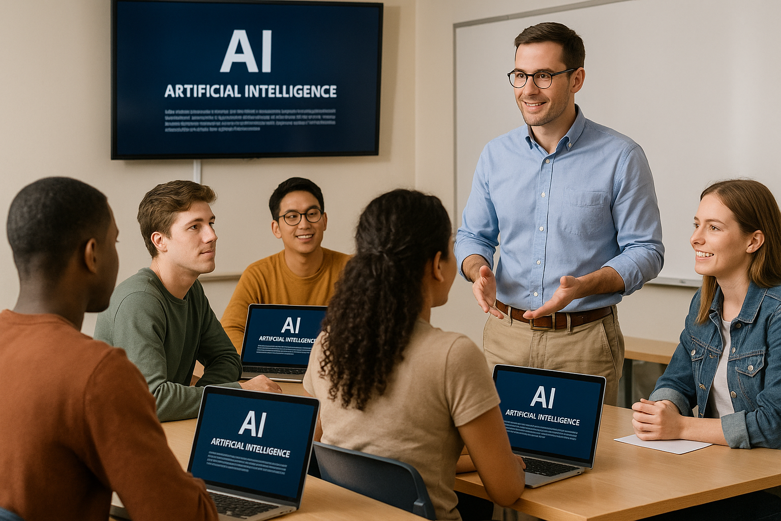 Comprehensive AI Content in Textbooks - Diverse classroom with students and instructor discussing AI, showcasing digital