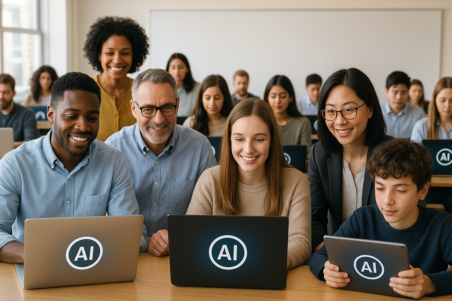 Future-ready AI Content in Education - Photograph of diverse educators and students using AI tools in class, emphasizing