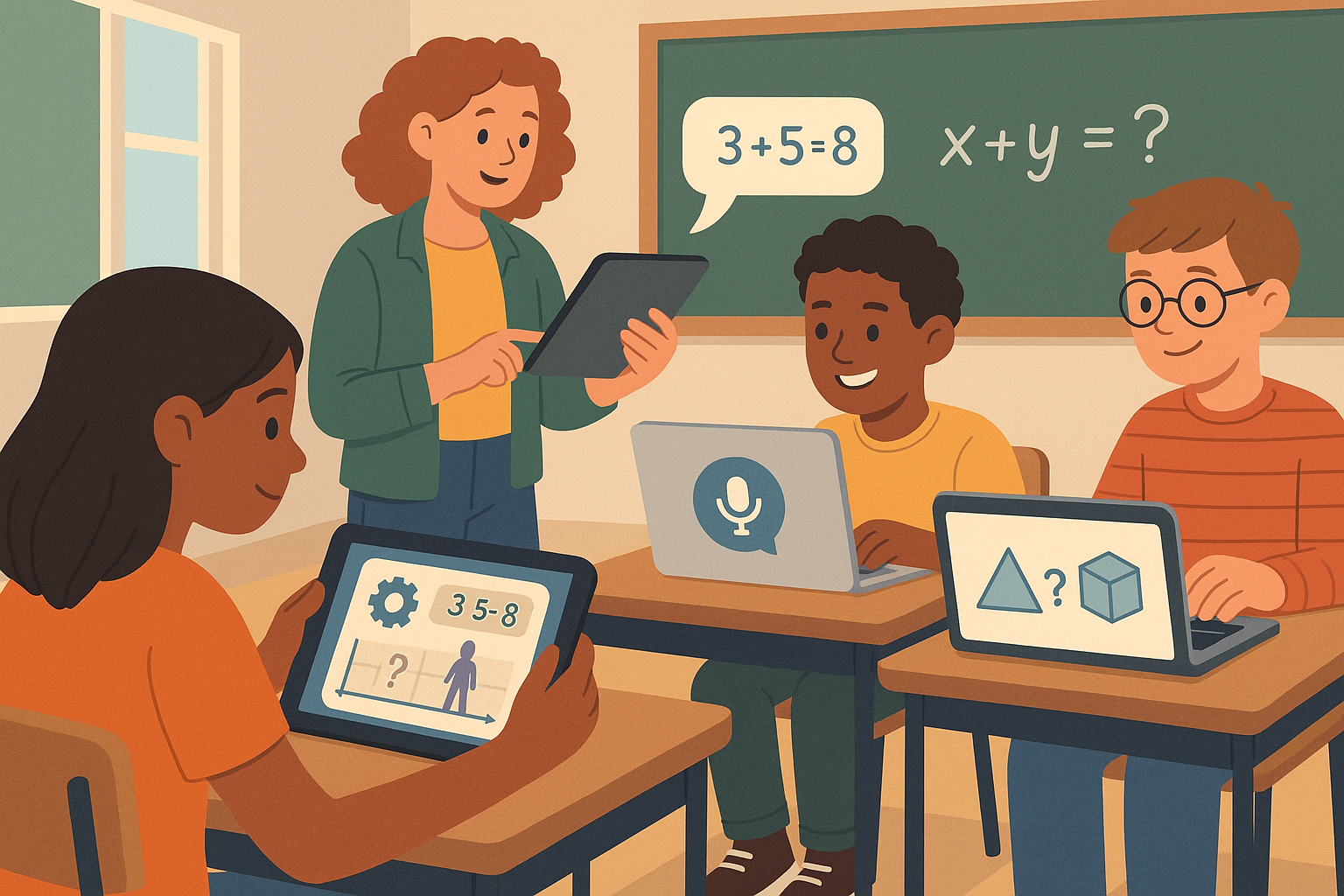 Future-ready AI Content in Education - Illustration of students using AI tools in a classroom setting to foster critical