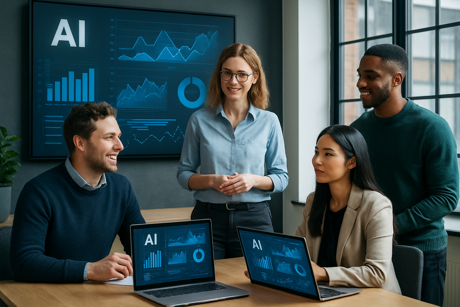 Business Communication Courses in AI Era - Diverse group of employees utilizing AI tools in a modern business environmen