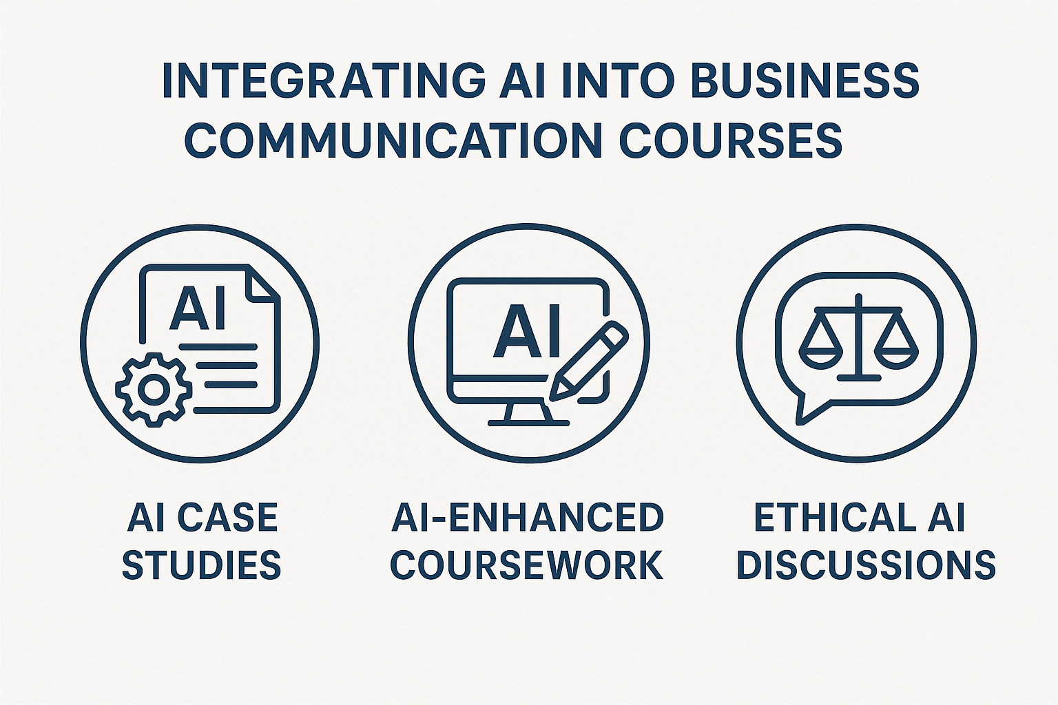 Business Communication Courses in AI Era - Diagram showing strategies like AI case studies and coursework integration fo