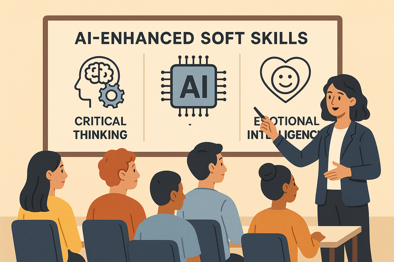 Business Communication Courses in AI Era - Illustration showing a classroom scene with AI tools enhancing the developmen