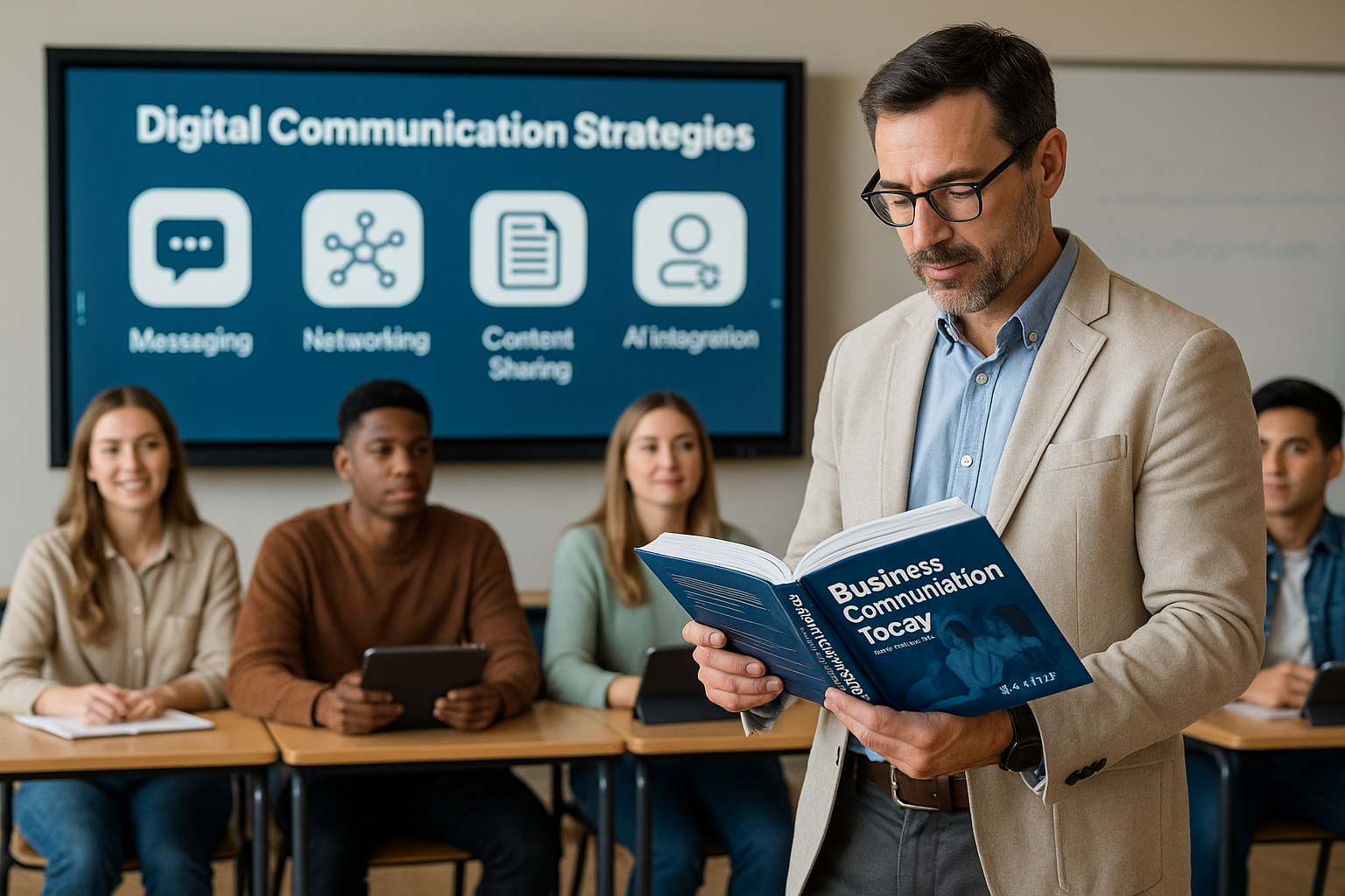 Business Communication Courses in AI Era - Educator using 'Business Communication Today' in conjunction with digital too