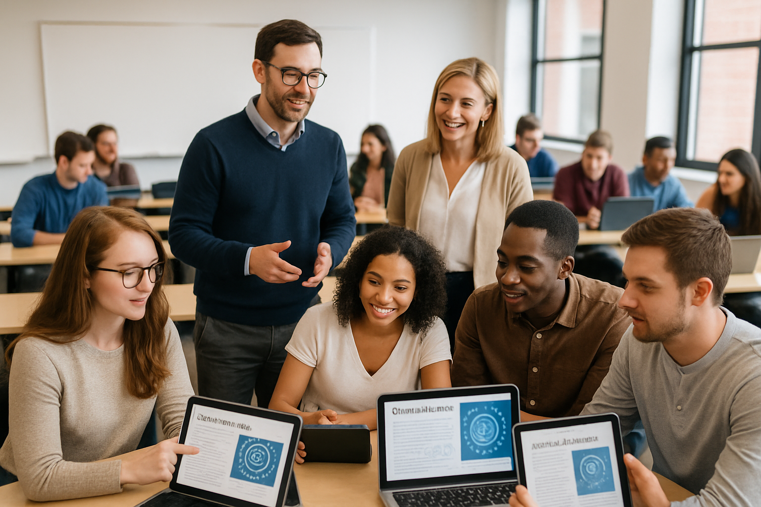 Comprehensive AI in Business Communication - A diverse group of students and instructors work with digital business comm