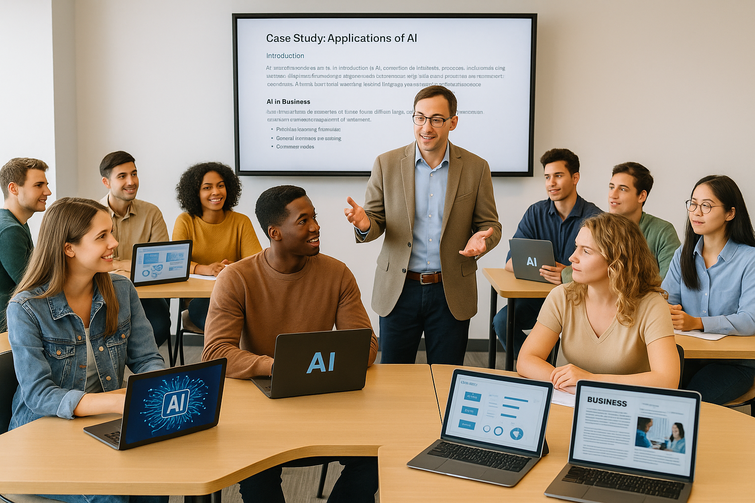 Business Communication AI Content - Photograph of a diverse business communication classroom where students and an instr