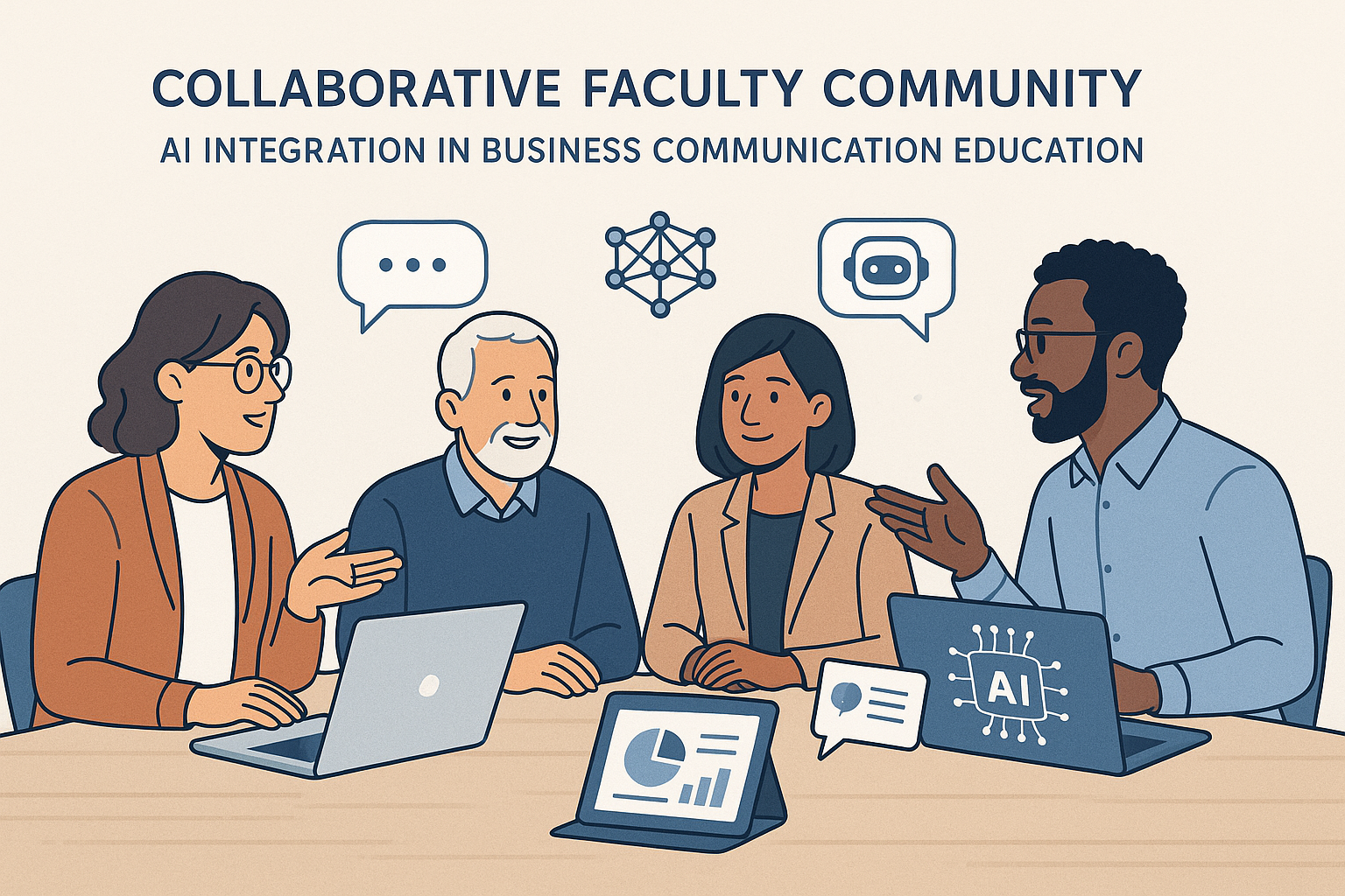 Diagram showing a framework that supports faculty training, collaboration, access to AI tools, partnerships, and innovation culture within AI in Business Communication Education.
