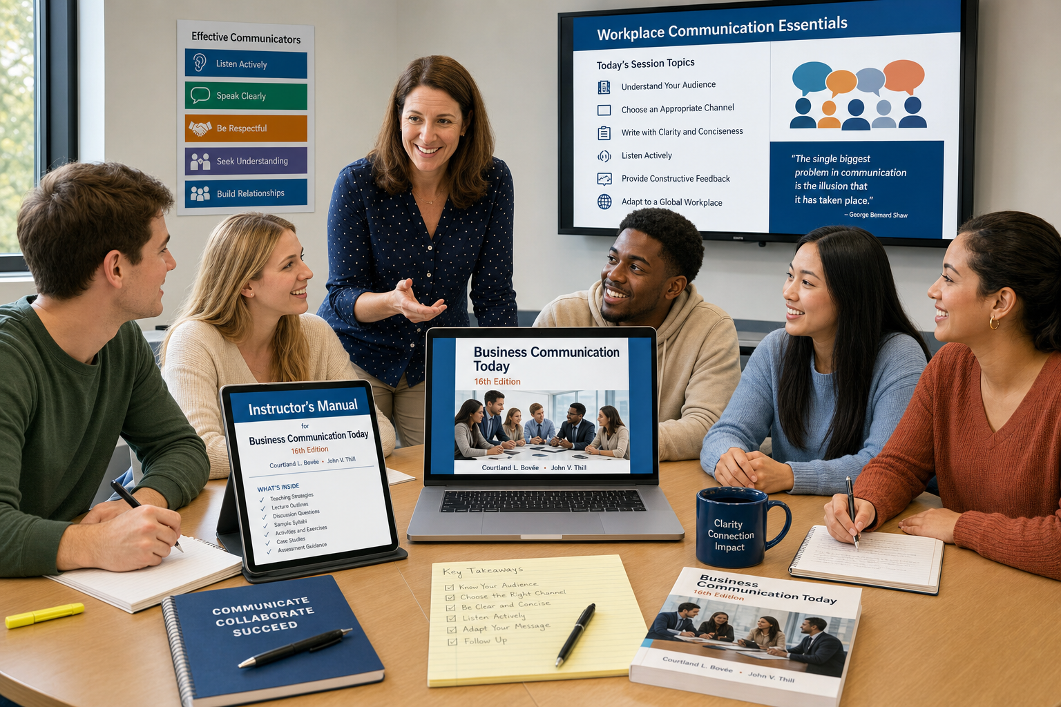 A business communication instructor guides students using digital devices and the 'Business Communication Today, 16th Edition' textbook, illustrating essential resources for teaching workplace communication realism.