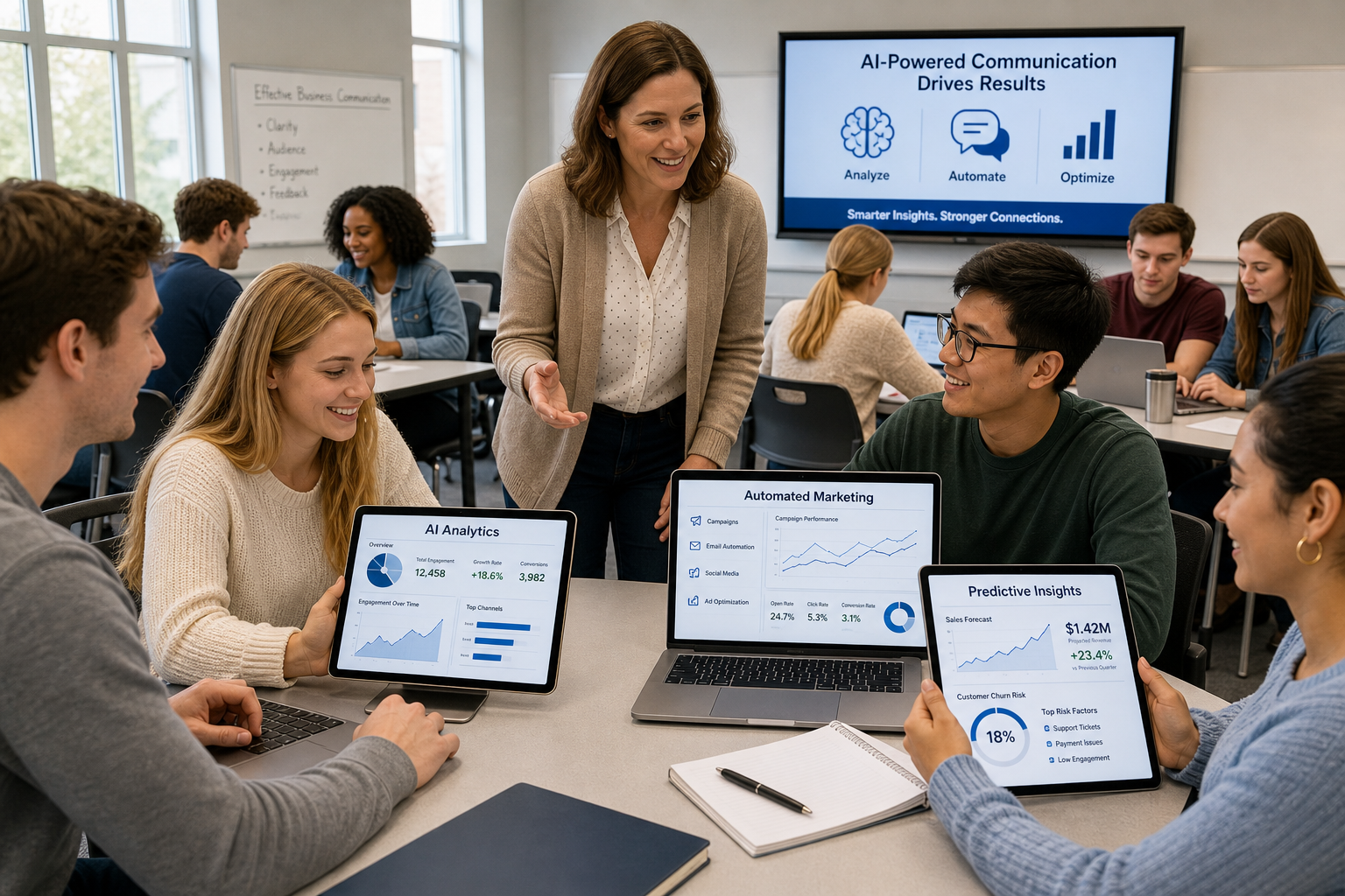 A diverse group of college students collaborate in a business communication classroom using laptops and AI-driven tools, with screens displaying analytics and marketing platforms—demonstrating skills essential for AI-driven business communication careers.