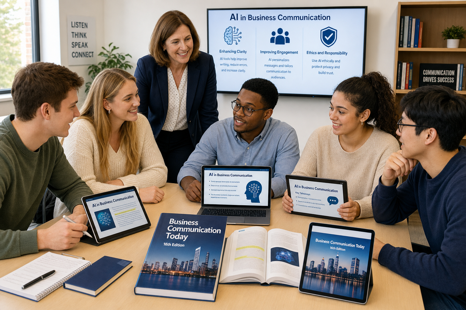 Photograph of diverse business communication instructors collaboratively evaluating AI-augmented business communication textbooks, including 'Business Communication Today,' with all visible text clear and correctly spelled.
