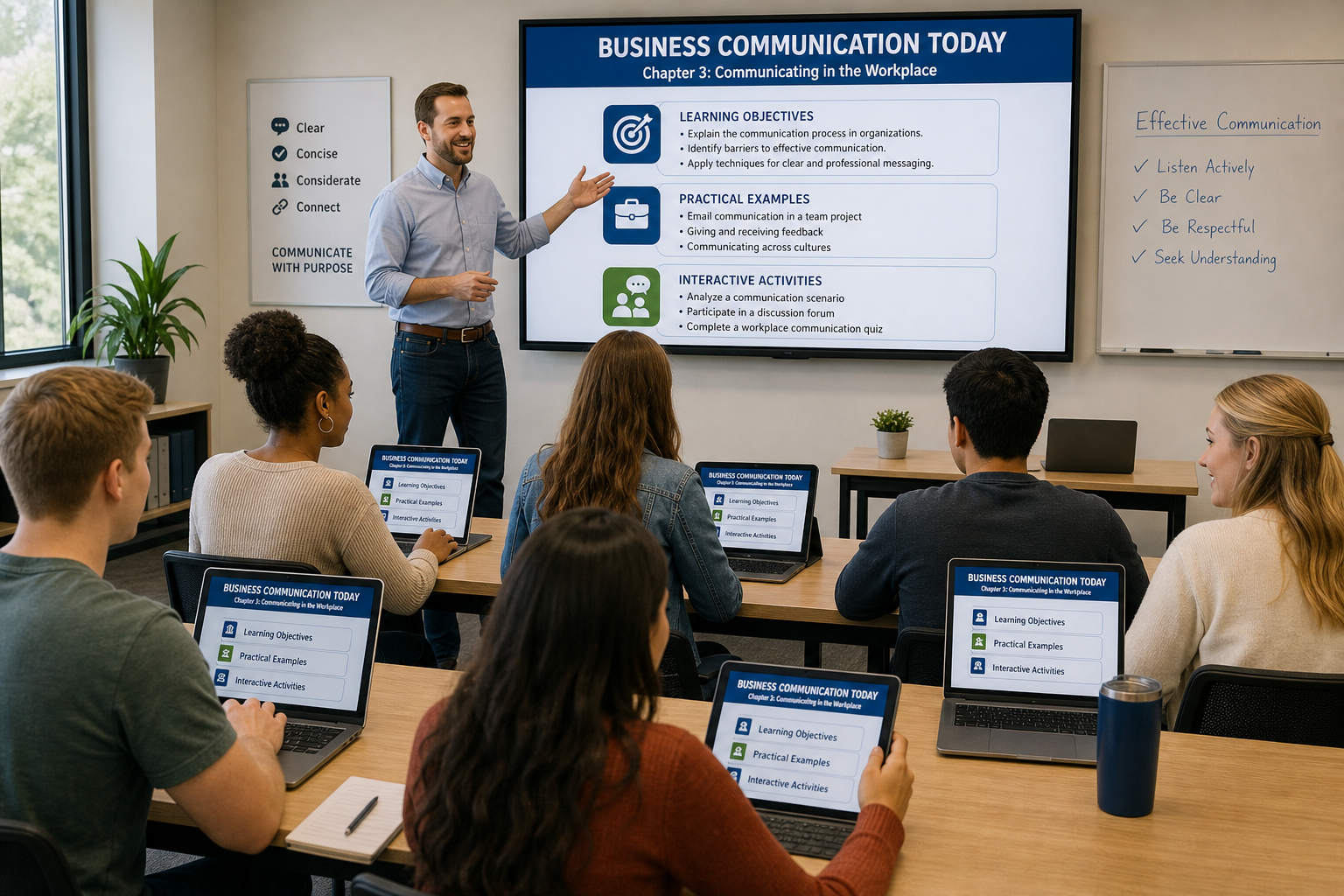 Student-friendly Business Communication Textbooks - Photograph of a diverse group of students in a college classroom, ea