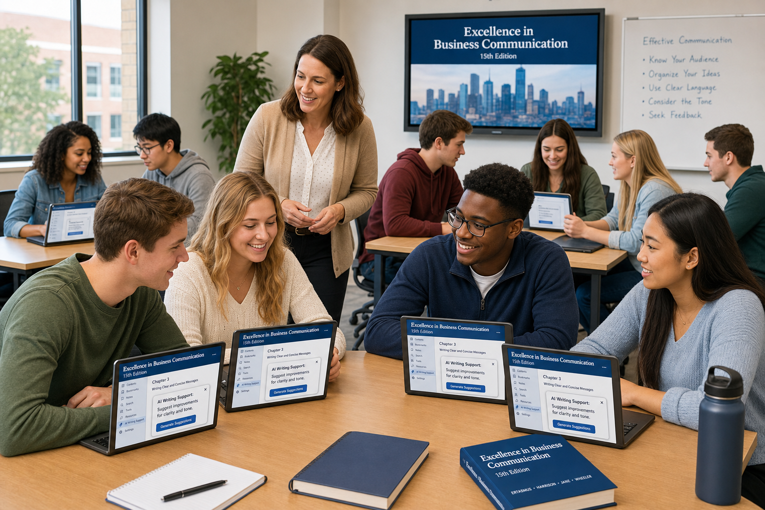 Photograph of a diverse classroom engaging with Excellence in Business Communication, 15th Edition, where students and an instructor actively interact with AI-powered textbook features on digital screens.