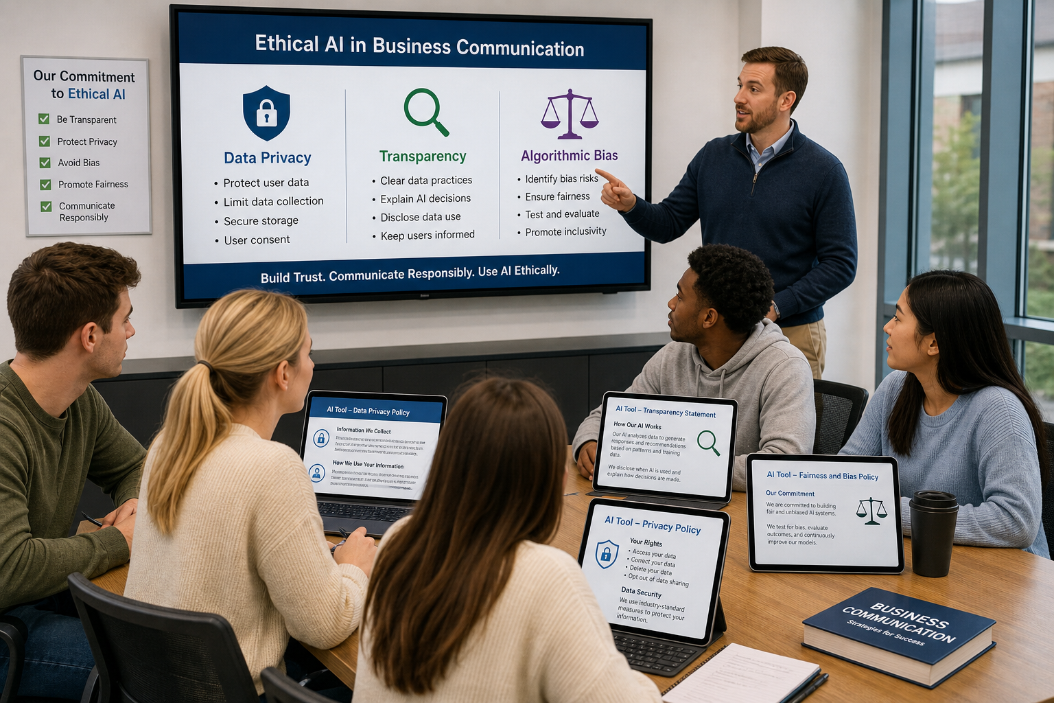 Photograph of business professionals and an instructor discussing ethical AI use in professional communication, with a screen displaying key ethical values.