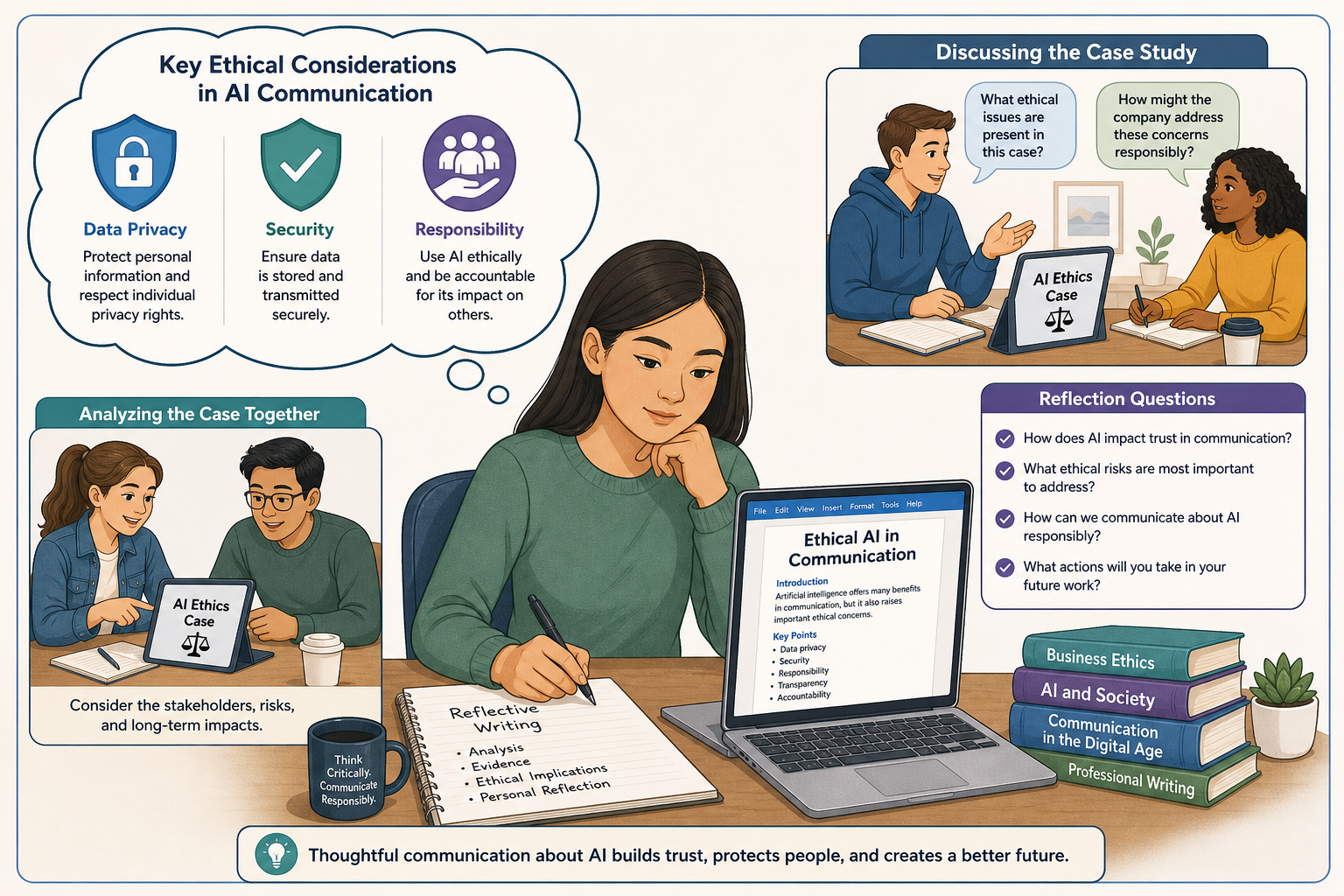 Ethical AI Use in Professional Communication - Illustration of students engaging in AI ethics case study discussion and