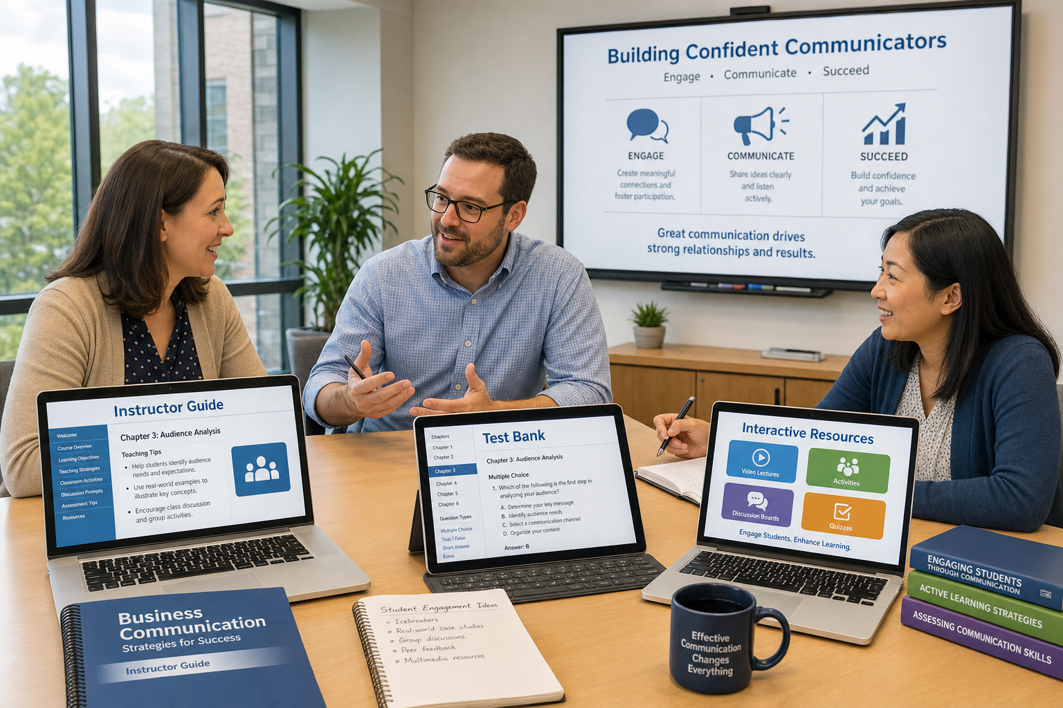Photograph of instructors collaborating with digital and print instructor resources, such as case studies and supplemental tools, for the best business communication textbooks.