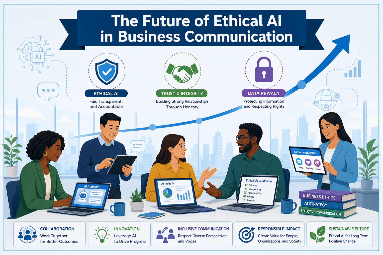 Illustration of educators and industry professionals co-teaching students about ethical AI use in professional communication, emphasizing collaboration and future-ready skills.