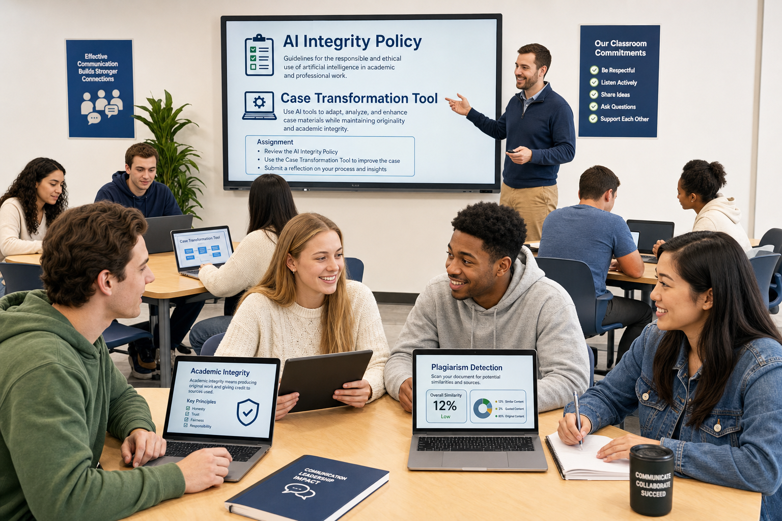 Photograph of an instructor monitoring diverse college students working independently on laptops, with a screen displaying 'Prevent AI Use in Business Writing,' illustrating strategies to prevent AI use in business writing.