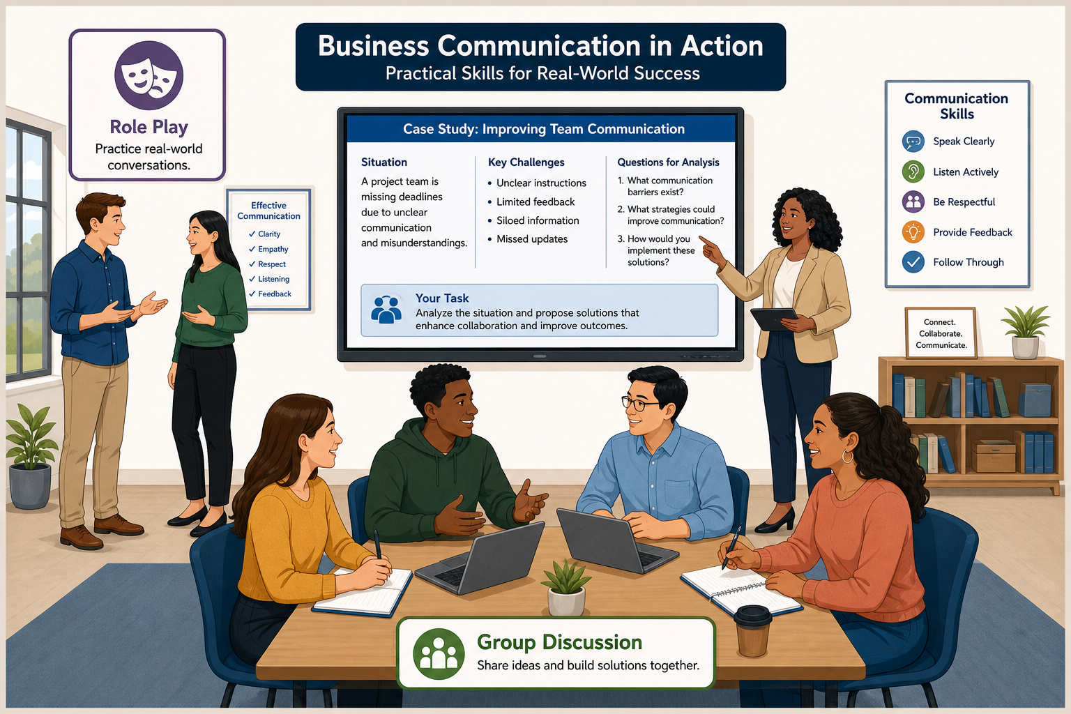 Business Communication Textbook Examples - Photograph of students and an instructor participating in a business communic