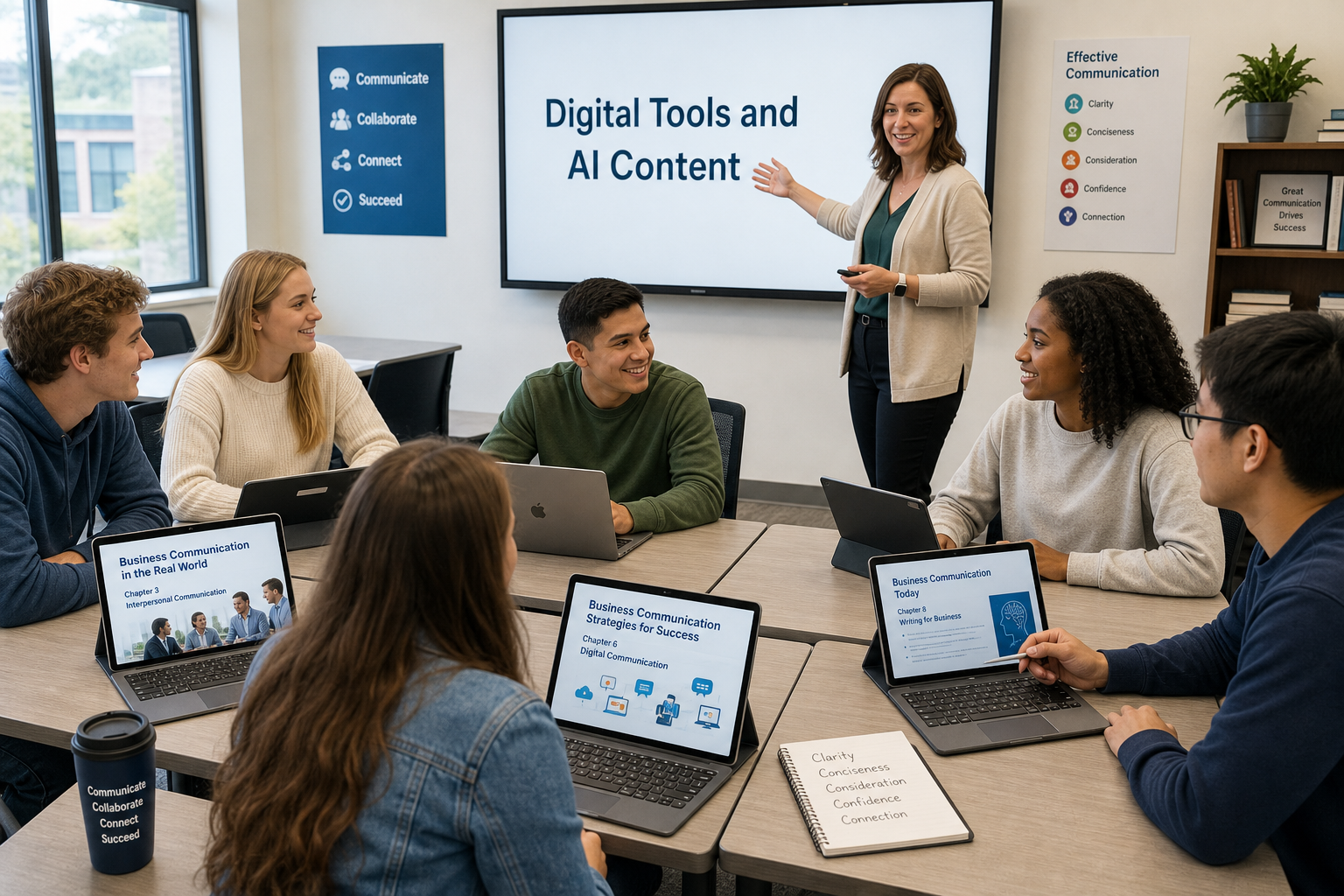 Photograph of business students collaboratively using digital business communication textbooks with AI-related content visible on screens, modeling active learning and illustrating how to evaluate business communication textbooks for modern classroom needs.