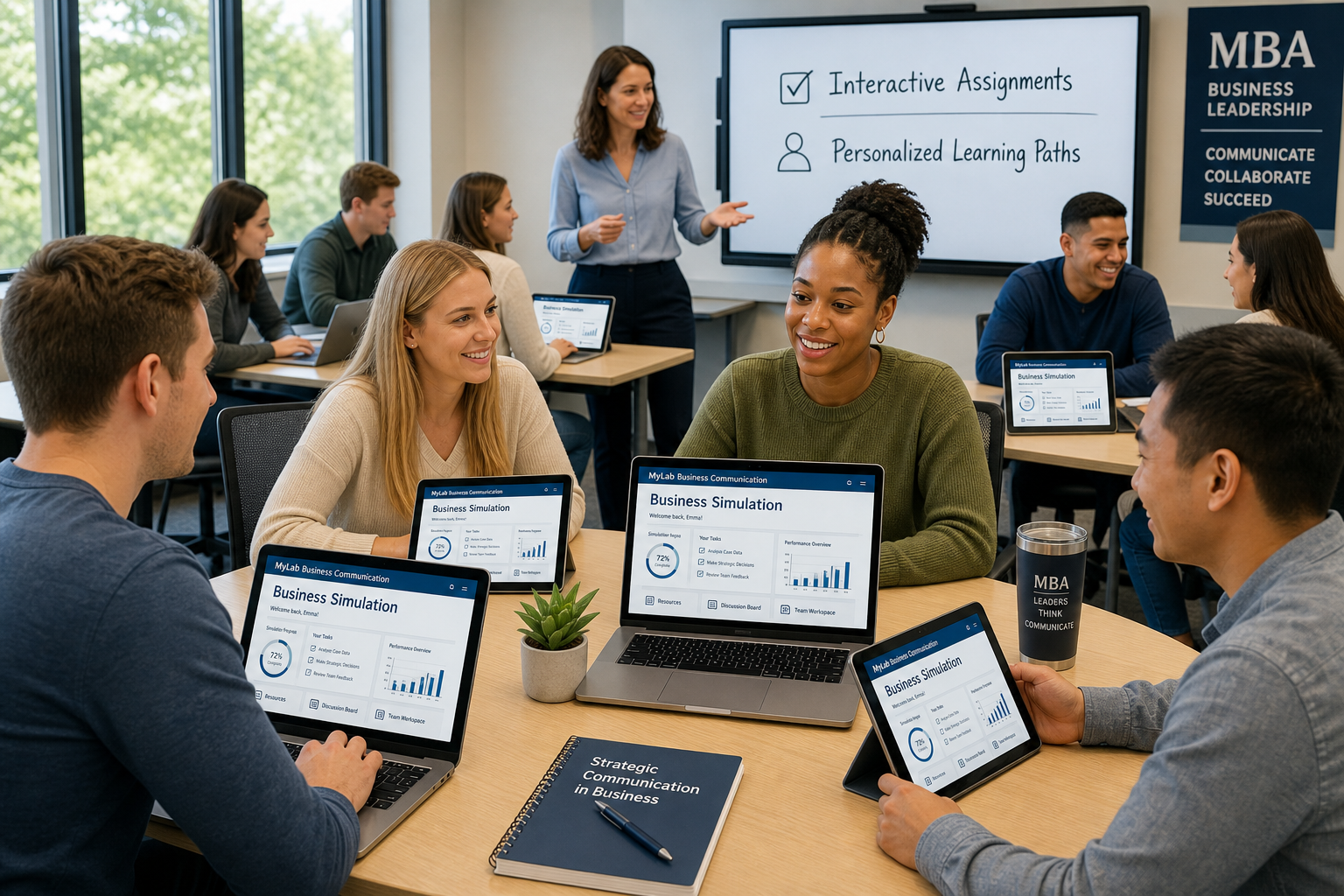 A diverse group of MBA students use digital versions of 'Business Communication Today' to explore digital communication and AI tools, illustrating how the best business communication textbook supports advanced coursework.
