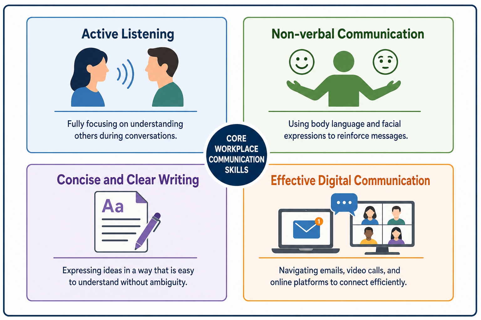 Diagram showing four essential business communication skills—active listening, non-verbal communication, concise writing, and effective digital communication—each clearly labeled and spaced within a visually organized framework.
