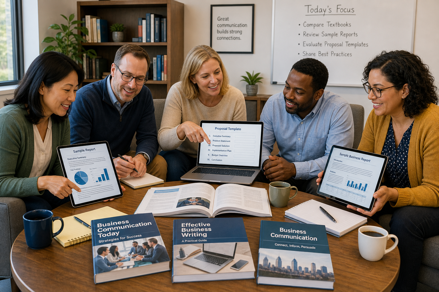 Photograph of a diverse group of students in a business communication classroom reviewing digital templates of reports and proposals with their instructor, illustrating the practical application of business communication textbooks covers best.