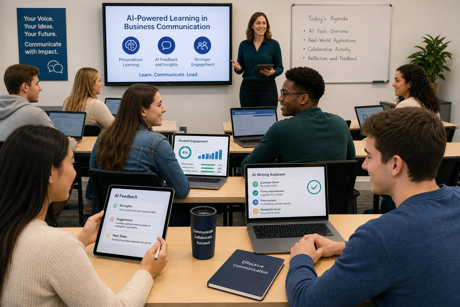 AI Adoption in Classroom Instruction - Photograph of a college business communication classroom where students and instr