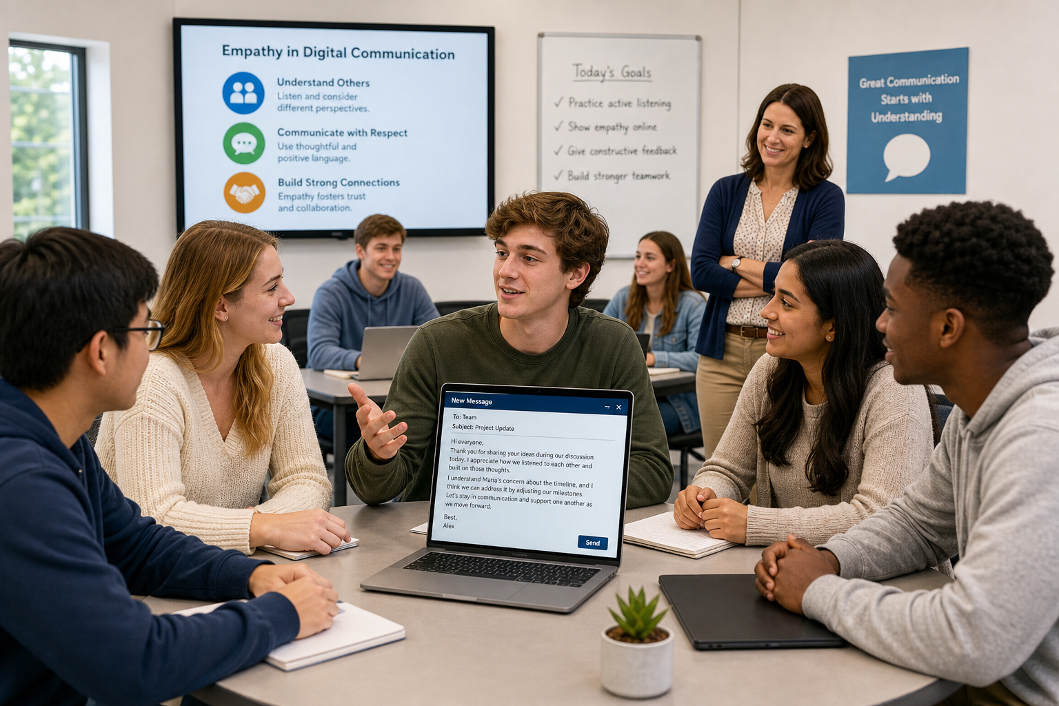 Teach Students About Empathy - Photograph showing a diverse group of college students demonstrating empathy in a digital