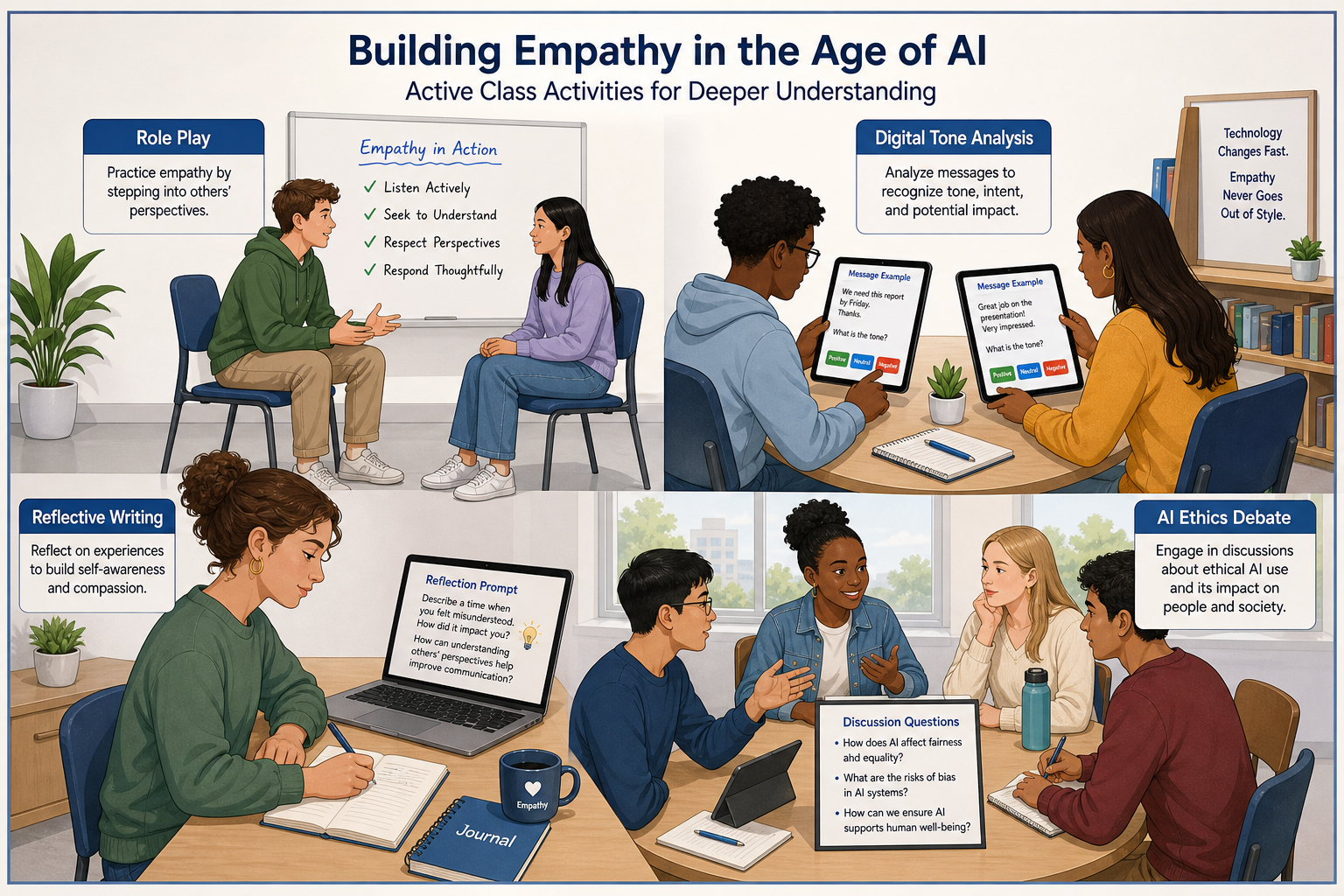 Illustration of a college classroom where students participate in empathy-building activities such as role-playing, digital tone analysis, reflective writing, and AI ethics debates, demonstrating how to teach students about empathy.
