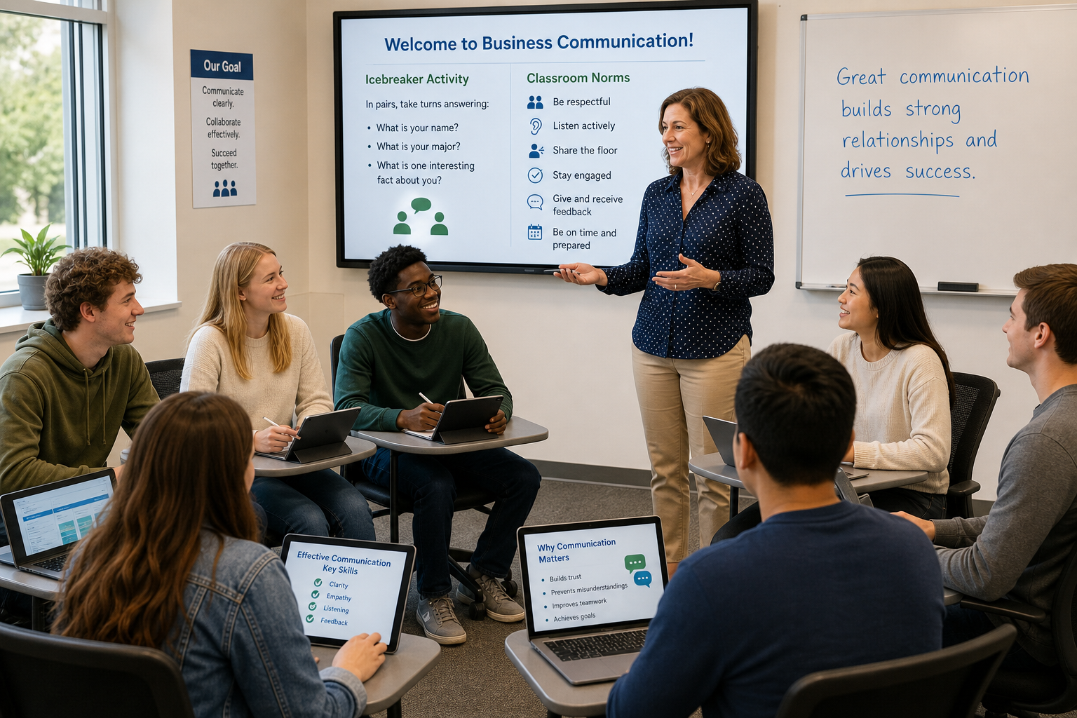 Prevent Chaos in Week One - Photograph of a diverse business communication class participating in first-week activities