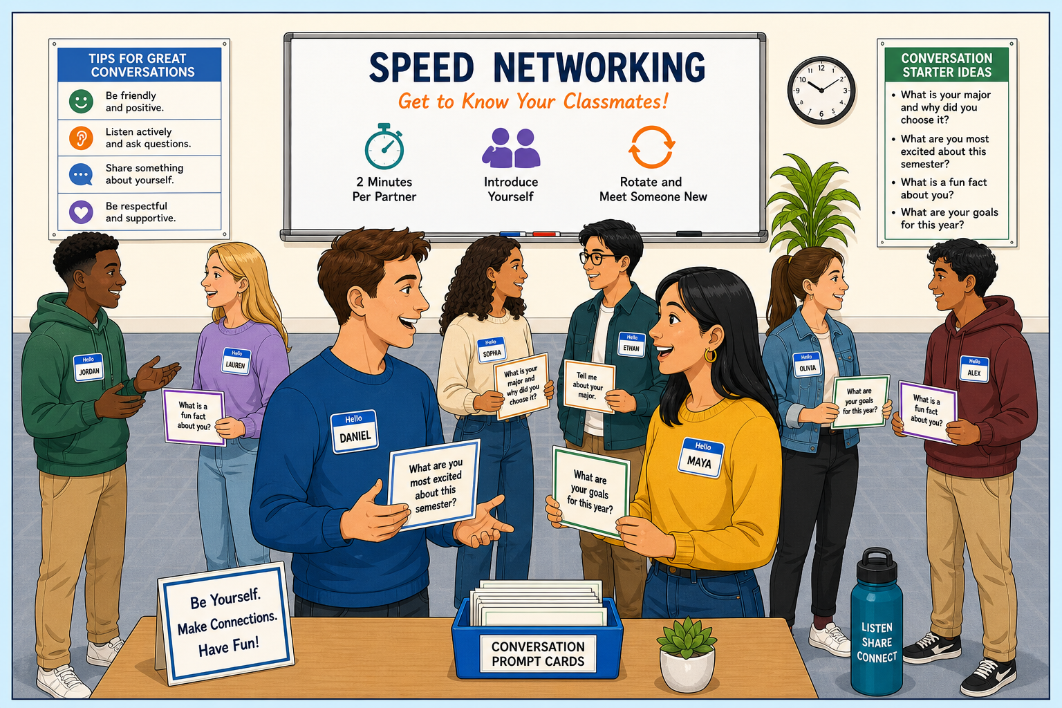 Prevent Chaos in Week One - Illustration of students participating in an engaging icebreaker activity, showing positive