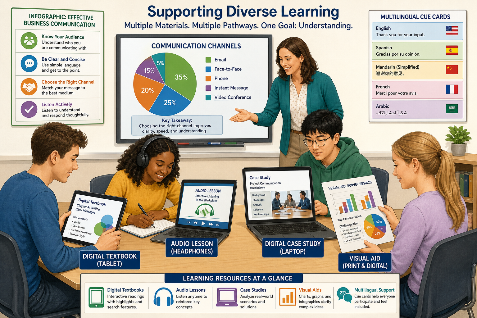 Prevent Chaos in Week One - Illustration showing a classroom using diverse instructional materials—tablets, charts, audi