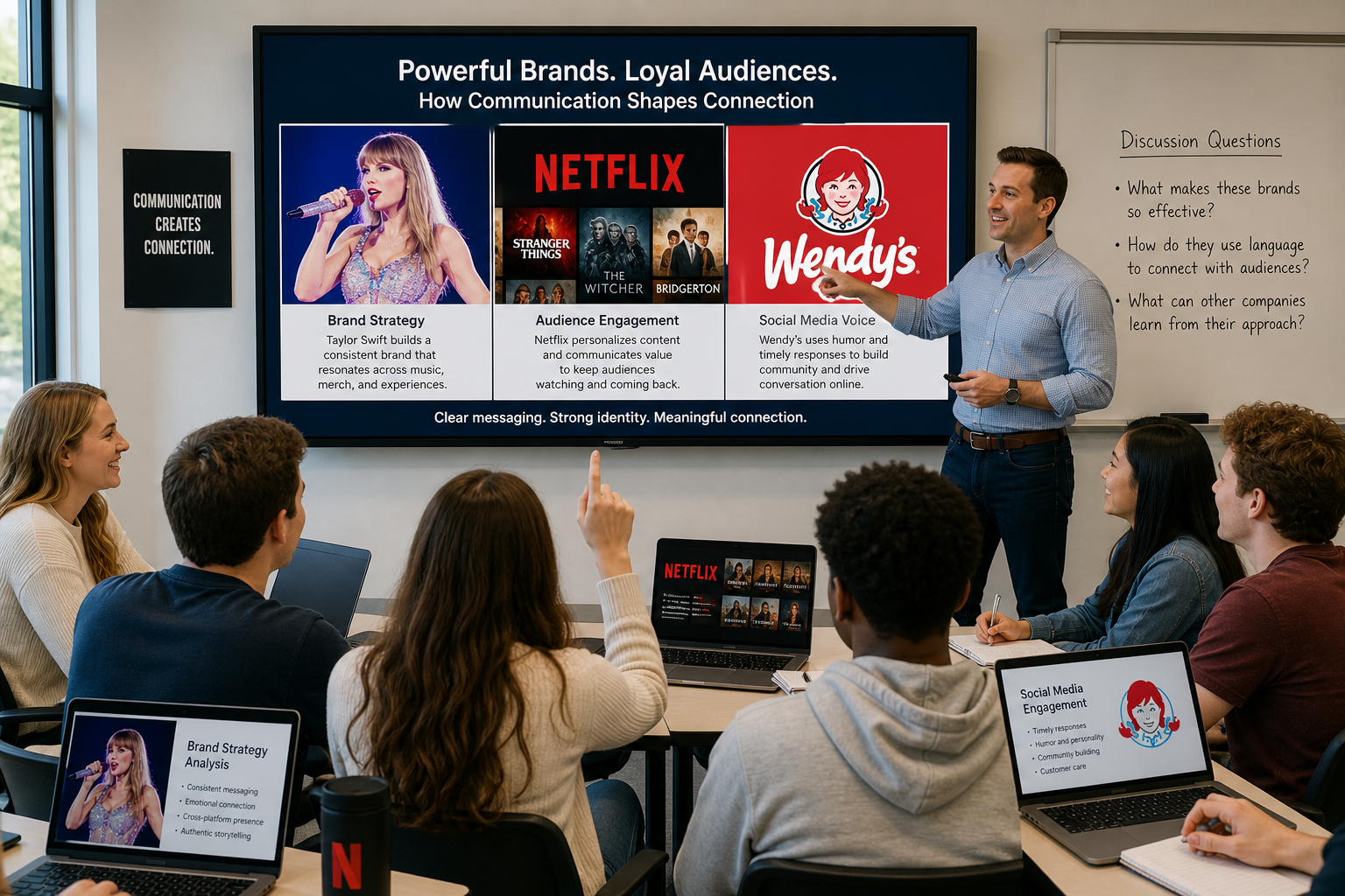 Taylor Swift and Wendy's Insights - A classroom scene showing a diverse group of students and their instructor discussin
