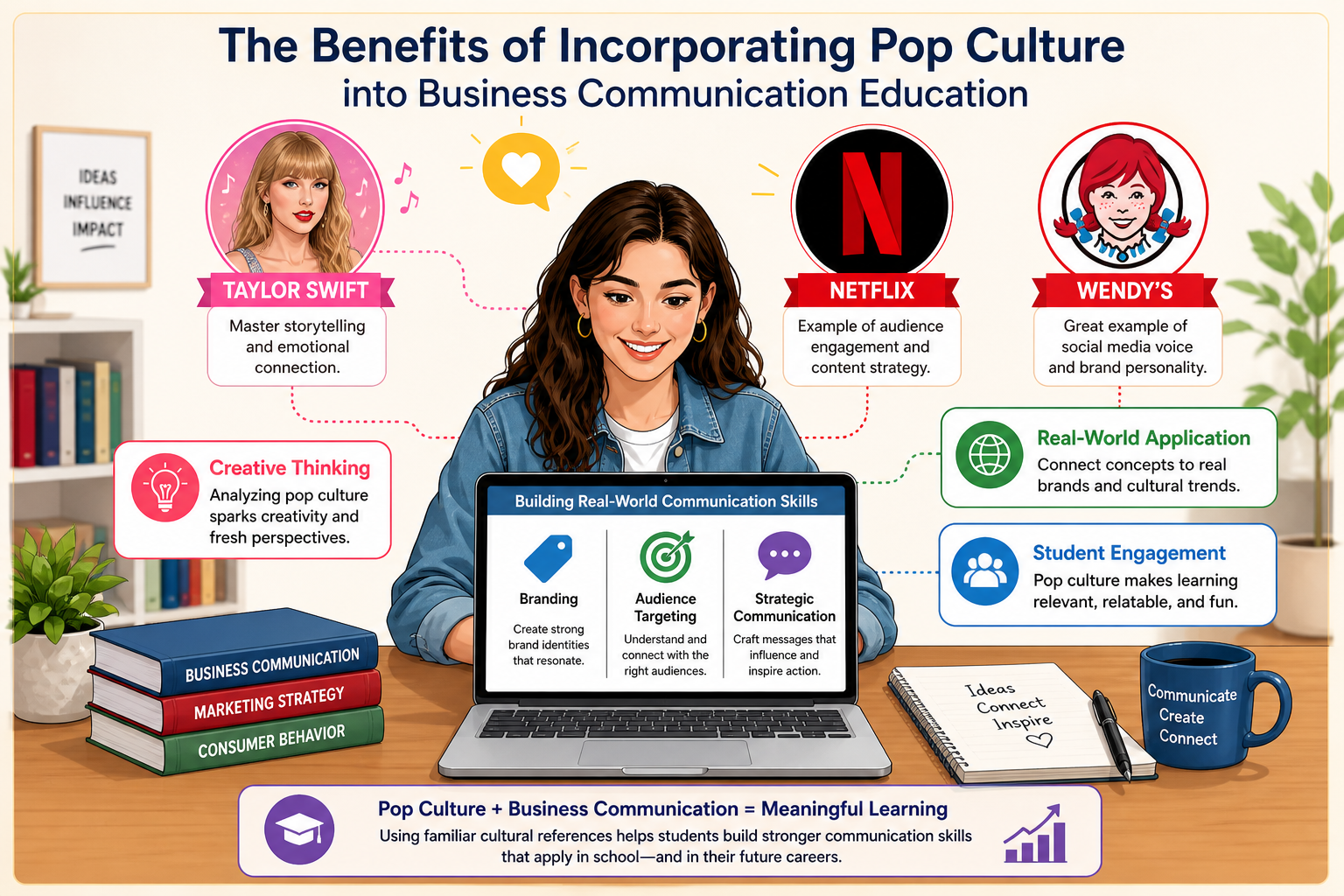 Taylor Swift and Wendy's Insights - Illustration of a student using a laptop to explore branding, audience targeting, an
