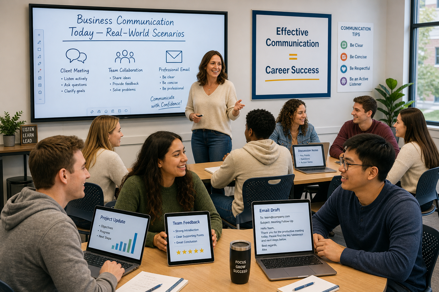 Overcome Teaching Business Communication Challenges - A diverse group of college students and an instructor engage in a