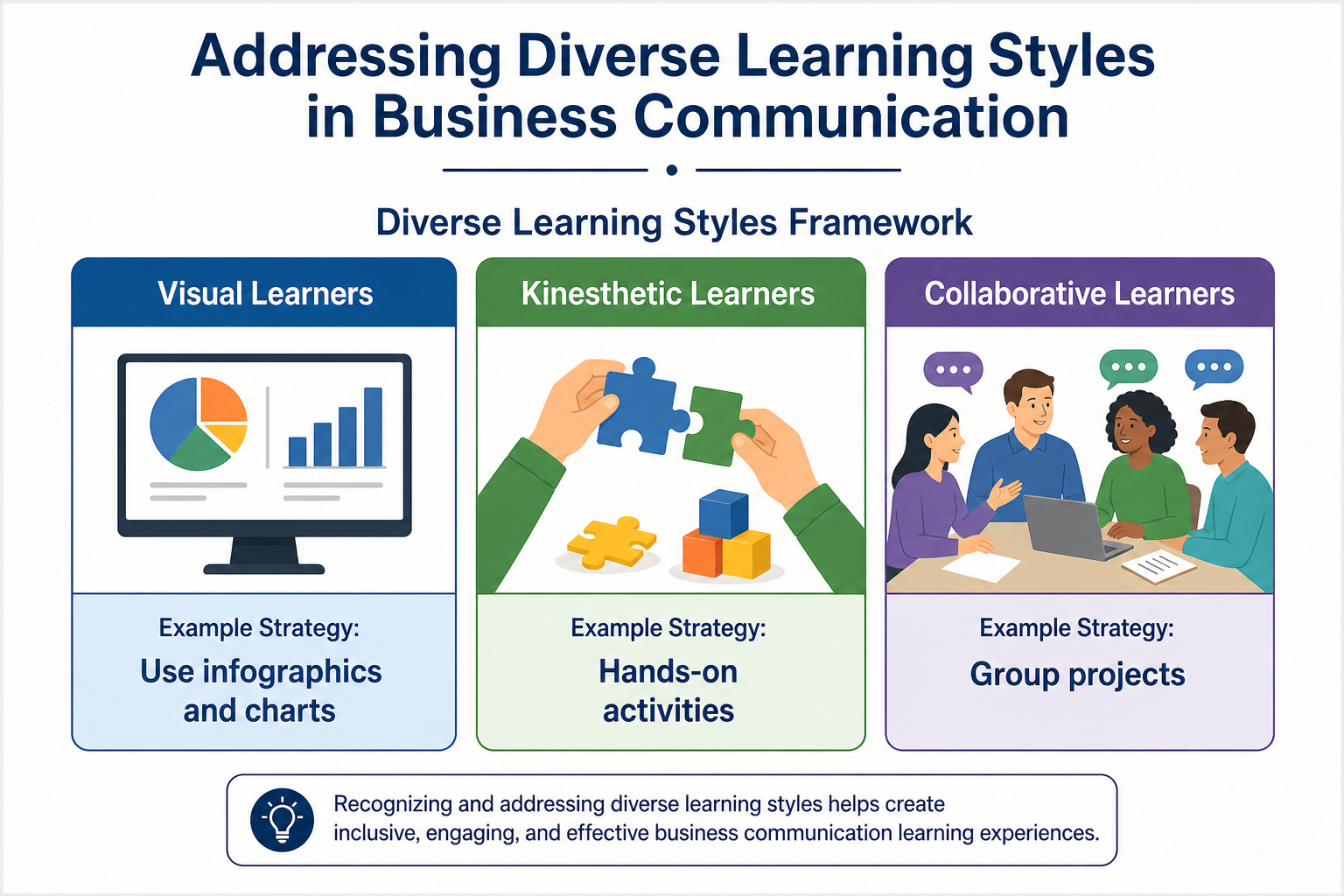 Overcome Teaching Business Communication Challenges - Diagram showing visual, kinesthetic, and collaborative strategies