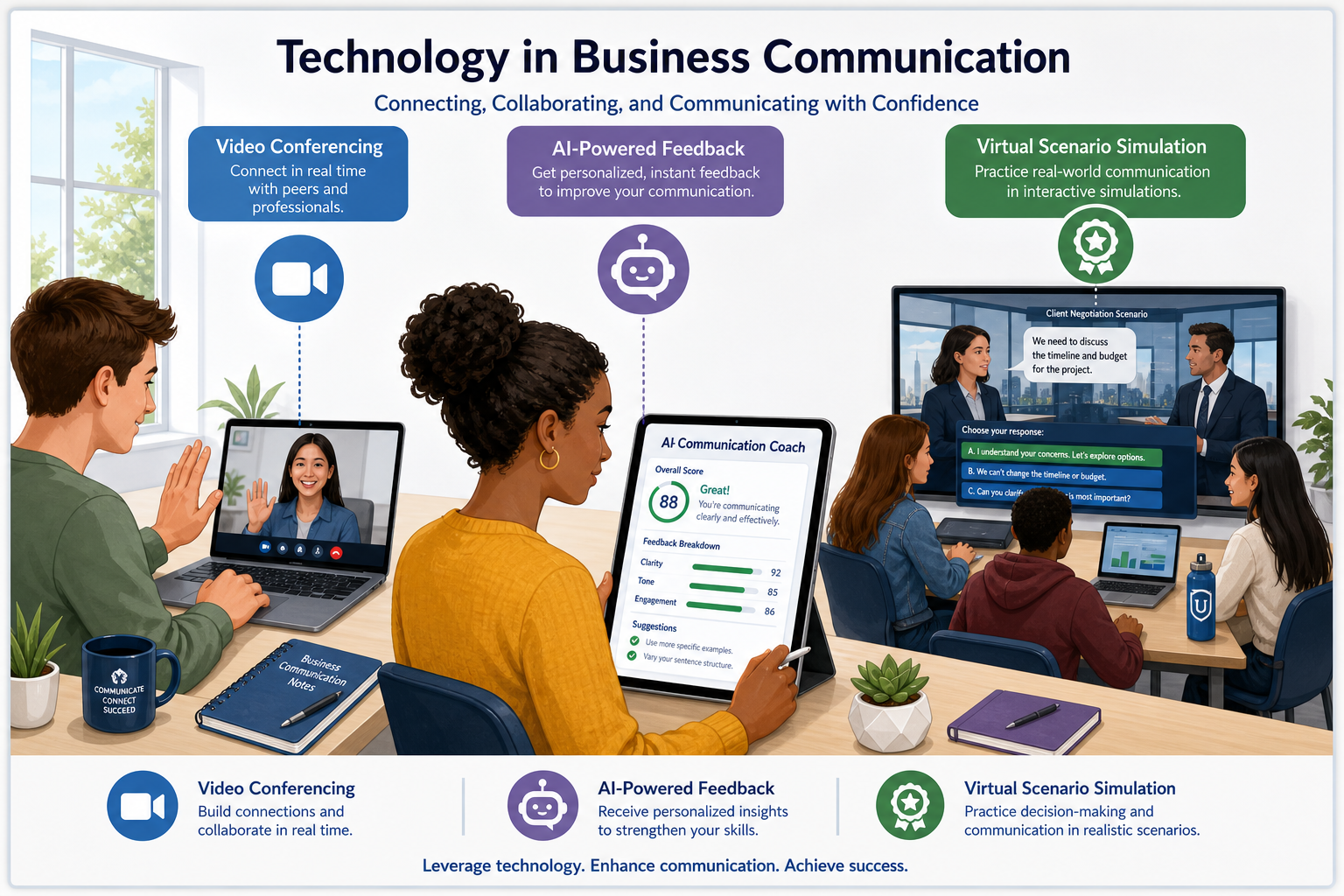 Overcome Teaching Business Communication Challenges - Illustration of students in a business communication classroom usi
