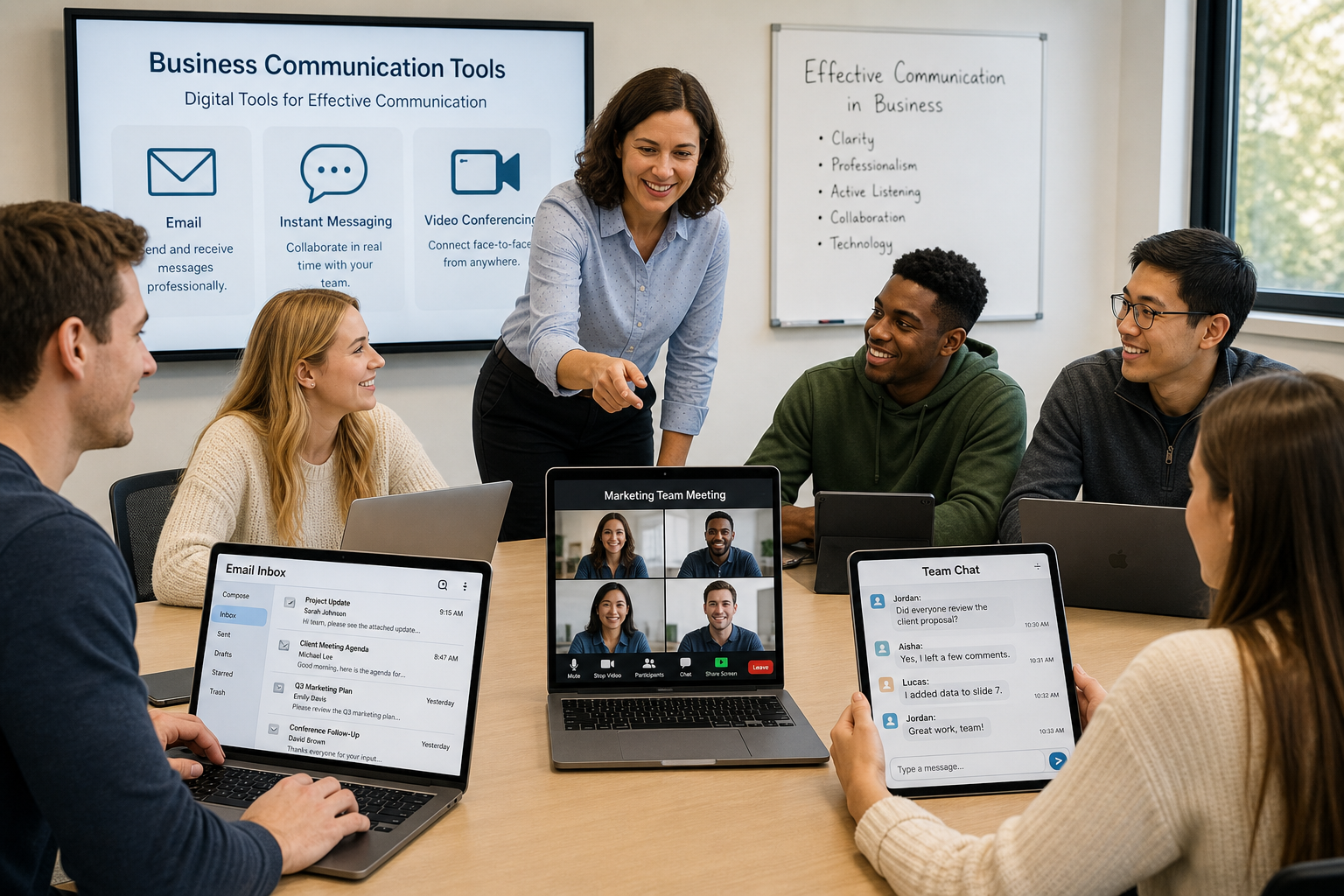 Business Communication Today Market Leader - A diverse group of students using laptops and tablets to practice digital b